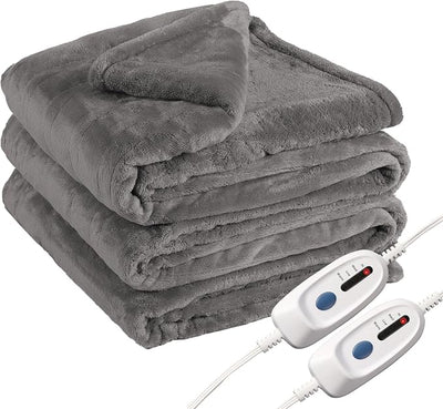 Eydna Electric Heated Blanket Queen Size 84"x90", Soft Plush Microplush for Bed, Dual Controllers & Heating Zones, 10 Hs Auto Off & 4 Heating Levels, Machine Washable, Gifts for Womens-Light Gray