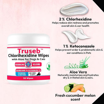 Pet Health Pharma Truseb Topical for Dogs, Cats and Horses - with Aloe for Cleansing (Ketoconazole & Chlorhexidine Wipes, 100 Count)