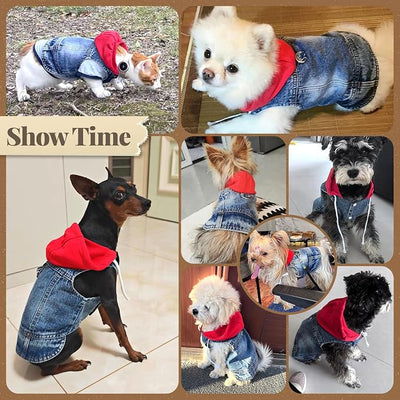 Cool Dog Jean Jacket Vest with D-Ring Blue Denim Dogs Hoodies Outfits for Small Medium Dogs Cats Boy Male Dog Clothes Costume Dogggie Puppy Harness Coat for Frenchie Walking(Red Hat,S)