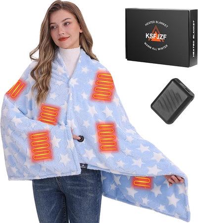 KSFJZF Heated Blanket, Cordless Portable Heated Throw Blanket, Battery Operated Heating Blanket with Rechargeable 20000mAh Power Bank, 59" x 35.5" Electric Heated Shawl, 3 Fast-Heating Levels (Blue)