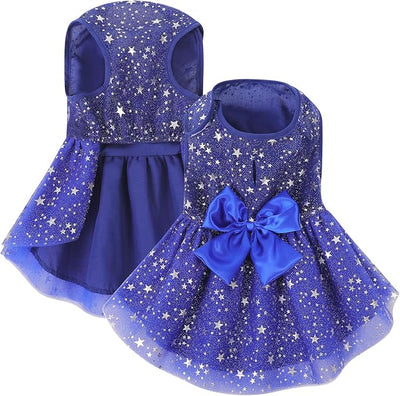 ASENKU Dog Dress Pet Wedding Dress Princess 4th of July Lace Puppy Birthday Party Outfit Formal Apparel Girl for Small Medium Dogs Cats (Medium, Navy Star)