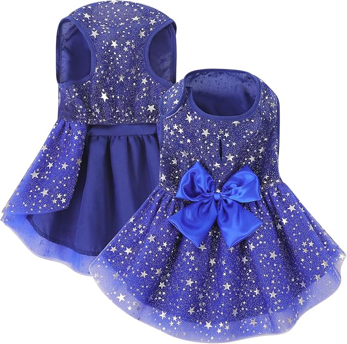 ASENKU Dog Dress Pet Wedding Dress Princess Lace Puppy Birthday Party Outfit Formal Apparel Girl for Small Medium Dogs Cats (XX-Small, Navy Star)