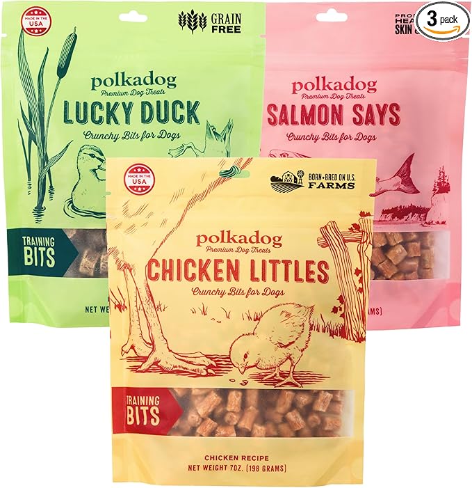 Crunchy Training Bits Variety 3 Pack - Chicken Littles, Lucky Duck, Salmon Says, All Natural, Limited Ingredient, Training Treats for Dogs, Great for Allergies, Handcrafted in USA - 7oz (3pk)