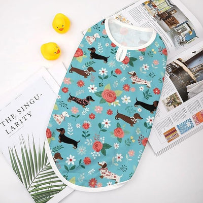 Sun Protection Dog Sleeveless Tank Top Cute Dachshund Dog Floral, Stretchy Breathable Pet Shirts for Small Medium Dogs, X-Large