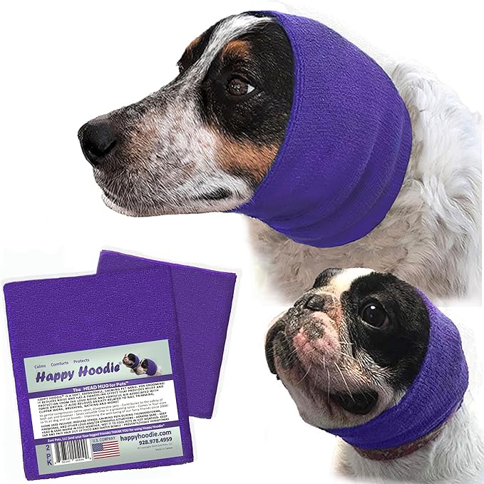Happy Hoodie The Original Dog & Cat Calming Band - American Brand - Anxiety Relief/Noise Protection-Grooming-Thunder-Fireworks 2 Pack Purple (1 Small, 1 Large) - Since 2008