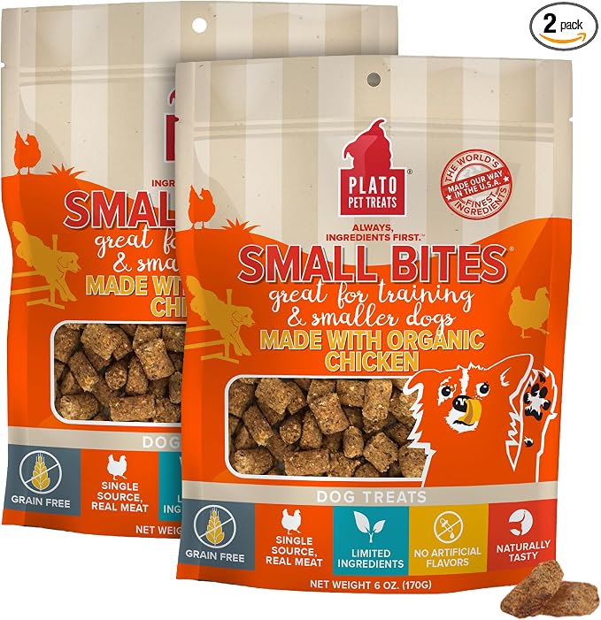 PLATO Pet Treats Small Bites - Air-Dried Training Treats for Dogs - Supports Healthy Digestion - Limited Ingredients - Organic Chicken 6oz - 2 Pack