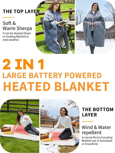 Heated Blanket Battery Operated,12V Cordless heating pad with 15000 battery,Heated Shawl Throw Blanket,Wearable Heated Blanket,Sherpa Lining,3 Heating Set for Outdoor Camping,Backpacking,Hiking,Travel