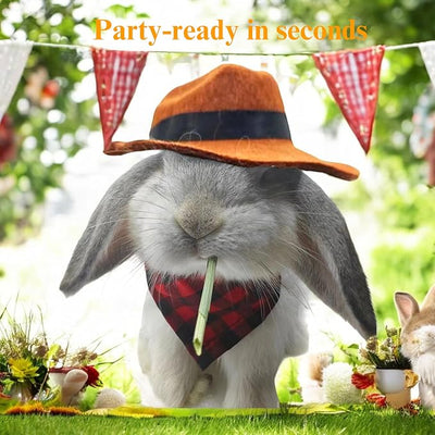 Cute Rabbit Cowboys Hat and Scarf Set, Funny Rabbits Pet Cowboy's Hat Scarf Outfits, Rabbits Dog Cat Pets Halloween Costume Hats Clothes Bunny Stuff Gifts Bunny Accessories (Coffee-Red Checkered)