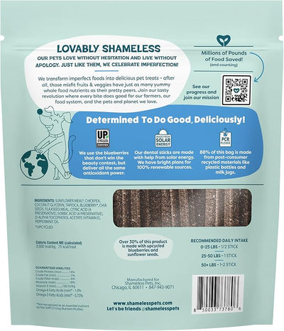 Shameless Pets Blueberry & Mint Dental Chews for Dogs, 32 Chews - Natural Dog Teeth Cleaning Treats with Fresh Breath Benefits | Grain-Free Dental Sticks for Small, Medium & Large Dogs