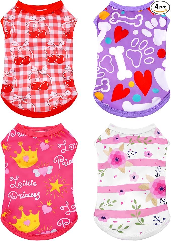 4 Pack Dog Shirts for Small Dogs Female Tank Top Tee Red Pink T-Shirts Pets Sleeveless Vest Girl Dog Clothes(Large)