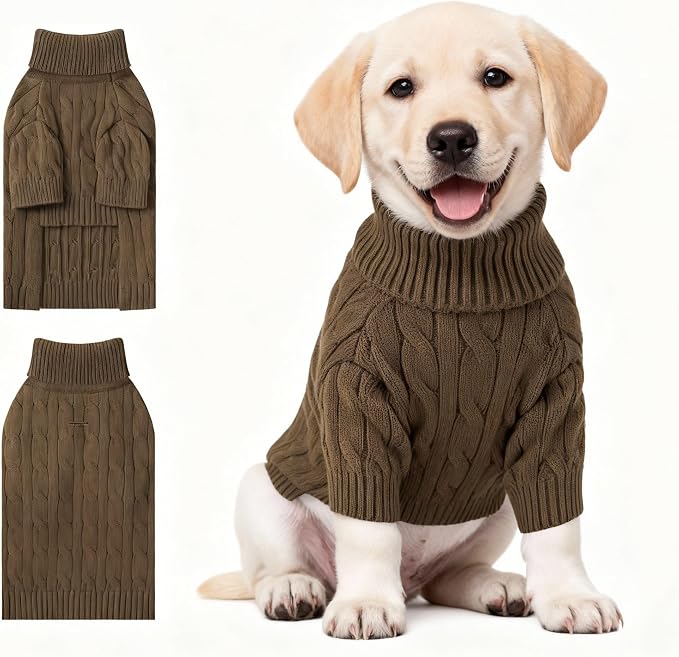 Small Dog Thermal Pullover Sweater, Classic Turtleneck Cable Knitwear Dog Clothes for Cold Weather Warm Pet Clothes for Chihuahua, Bulldog, Dachshund, Pug Tan X-Large