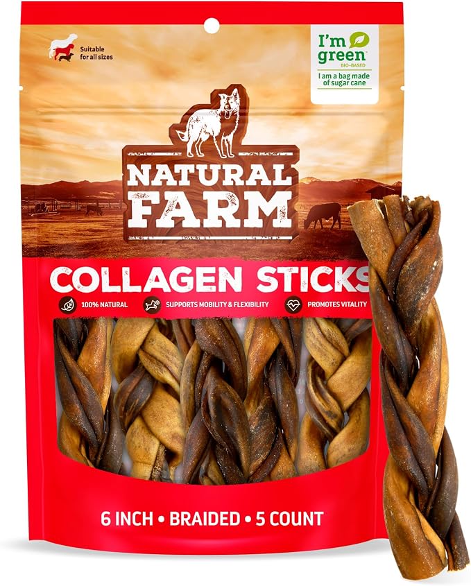 Braided Collagen Chews for Dogs (6 Inch, 5 Pack), Collagen Sticks, Natural Dog Chews, Long Lasting, for Small, Medium and Large Dogs, Odor-Free, Rawhide Alternative