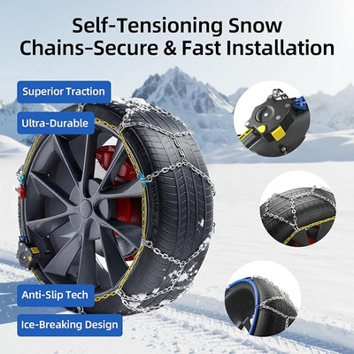 Snow Chains for Car Tires, 35s Quick Fit & Auto-Tightening, Universal Emergency Anti-Slip Tire Traction Chains for Cars, SUVs & Trucks, Reusable Portable Set of 2 (HKN-110)