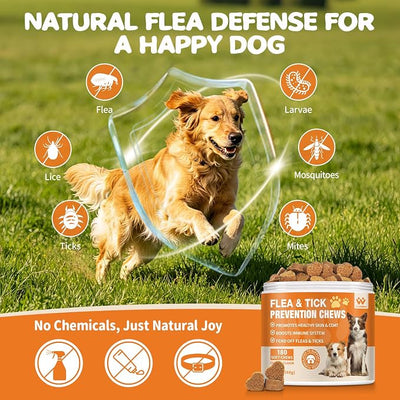 Flea and Tick Prevention for Dogs Chewables - Natural Dog Flea and Tick Treatment Chewable - Oral Flea Supplement for Dogs - Puppy Flea Support - All Breeds & Ages - 180 Soft Chews