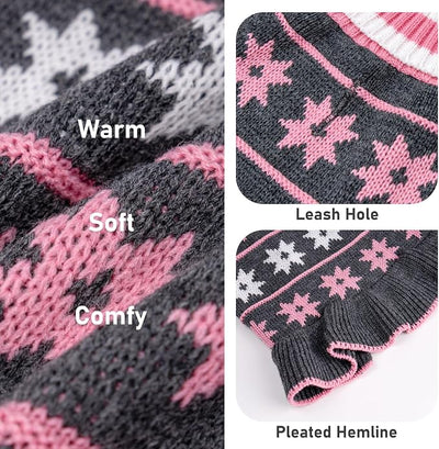 KYEESE Dog Sweater Fall Winter Dogs Clothes Warm Dog Coats Knit Turtleneck Pet Sweater Dress with Classic Snowflake Pattern Pullover for Girl Pet Sweater with Leash Hole for Small Dogs, Grey, Small