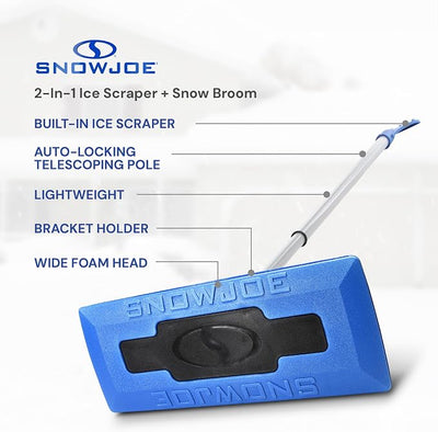 Snow Joe 18" Telescoping Snow Broom & Ice Scraper for Cars, No-Scratch Foam Brush - Long and Extendable Ice Removal Tool for Car Window and Automotive Windshield, SJBLZD