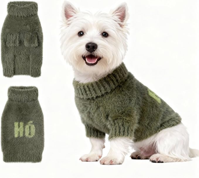 Small Dog Furry Pullover Sweater, Classic Turtleneck Dog Clothes for Cold Weather Cute Warm Pet Clothes for Chihuahua, Bulldog, Dachshund, Pug Green Medium