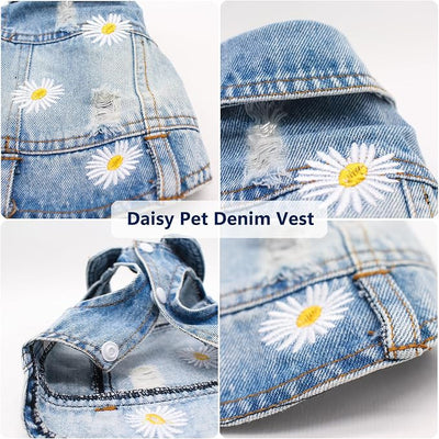 Pet Clothes Vintage Denim Dog Jacket with Daisy Embroidery - Puppy Stylish Pet Coat for Chihuahua, Yorkie Small Breeds - All-Season Comfort (Light-Blue,X-Large)