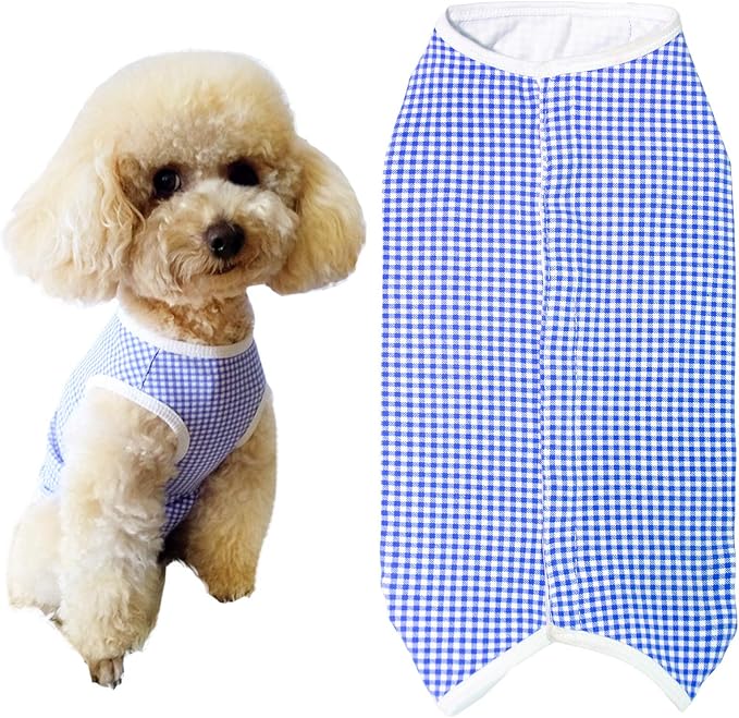 Dog’s Recovery Suit Post Surgery Shirt for Puppy, Wound Protective Clothes for Little Animals(Blue White Plaid-XXS)