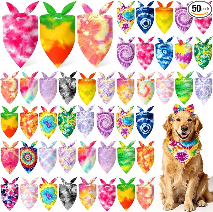 50 Pieces Tie Dye Dog Bandanas Bulk Colorful Hippie Pattern Dog Bandanas for Dogs Triangle Kerchief Scarf Bibs Set for Pets Summer Party Costume Accessories, 25 Styles (31.5 x 21.7 x 21.7)