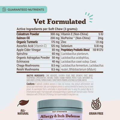 Natural Dog Company Allergy & Itchy Defense Chews 90 ct, Vet Strength High-Concentration Dog Allergy Relief with 2.4X Colostrum,2X Salmon Oil & 1.5X Probiotics, Supports Immune,Coat & Gut Health