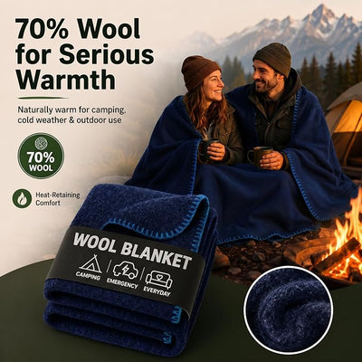 Wool Camping Blanket – 70% Wool Heavy-Duty Military Style Throw, Warm & Washable, Fire Retardant Cover for Emergency, Survival & Outdoor Use – Perfect for Camping, Car, Home & Hiking, Navy 66x90