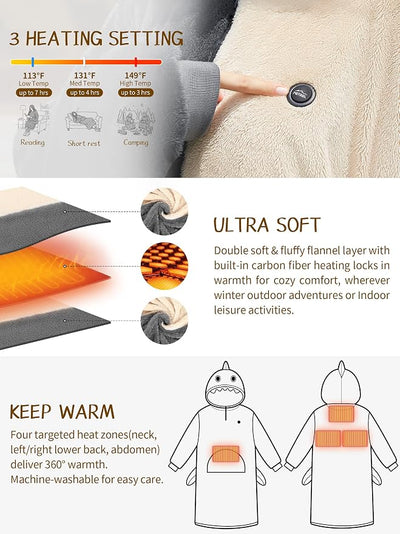 Wearable Heated Blanket Hoodie with 16000 mAh Battery,Cordless Heating Throw,Electric Shawl Robe with Sleeves,Gift for Family