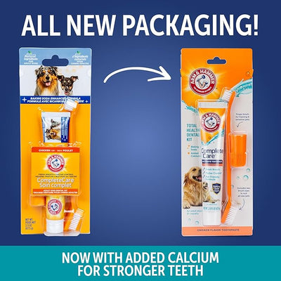 Arm & Hammer Complete Care Dog Dental Kit Enzymatic Toothpaste 2.5 OZ Chicken Flavor Toothbrush Finger Brush Tartar Baking Soda Formula