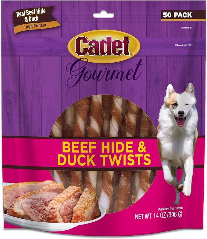 Gourmet Beef Hide Twist Chew Sticks, Long Lasting & Natural Chew Treats for Dogs, Inspected & Tested in USA, Duck Flavor (50 Count)
