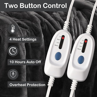 Eydna Electric Heated Blanket Queen Size 84"x90", Soft Plush Microplush for Bed, Dual Controllers & Heating Zones, 10Hs Auto Off & 4 Heating Levels, Machine Washable, Gifts for Womens-Dark Gray