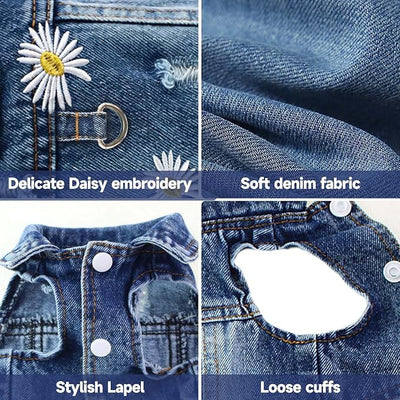 Dog Jean Jacket, Blue Denim Shirt Classic Lapel Vest Coat Costume Puppy T-Shirt, Comfort Tank Top Cool Apparel, Washed Pet Clothes for Dogs Boy Girl (Daisy Meadow with D-Ring, Small)