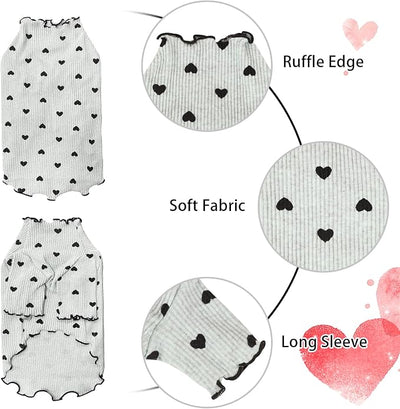 Pet Clothes for Small Dogs Cat Summer Fall Heart Print Shirt Stretchable Ruffle Long Sleeve Outfits for Chihuahua Schnauzer Shih Tzu Yorkie (Grey, X-Small)