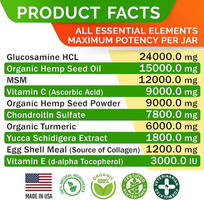 Hemp Chews for Dogs - Glucosamine Chondroitin for Dogs Joint Pain Relief with Hemp Oil, Hip & Joint Supplement Dogs, MSM Turmeric for Dogs Mobility, Dog Joint Supplement, Hemp Dog Treats Joints Health