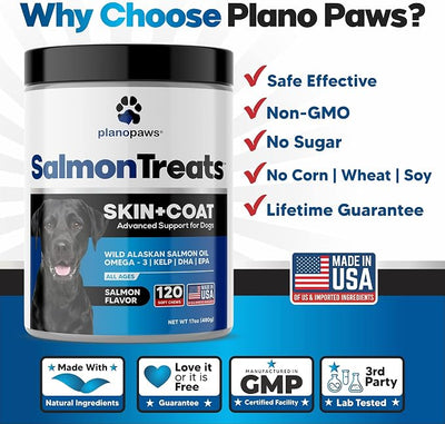 Plano Paws Wild Alaskan Salmon Oil for Dogs - Omega 3 Chews for Skin Coat Shedding Itch Relief - Supports Heart Mobility Cognition - 120 Soft Chews