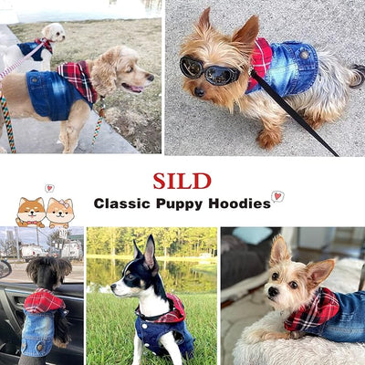 SILD Pet Clothes Dog Jeans Jacket Cool Blue Denim Coat Small Medium Dogs Lapel Vests Classic Hoodies Puppy Blue Vintage Washed Clothes (Plaid Hat,XL)
