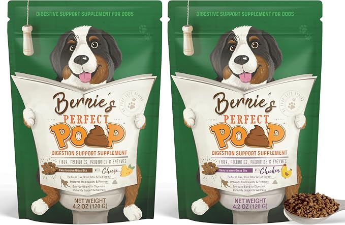 Perfect Poop Digestion & Health Supplement for Dogs: Fiber, Prebiotics, Probiotics, Enzymes Digestive, Hard & Soft Stool, Improved Health (4.2oz Cheddar Bag + 4.2 oz Chicken Bag, 4.2 oz Bundle)