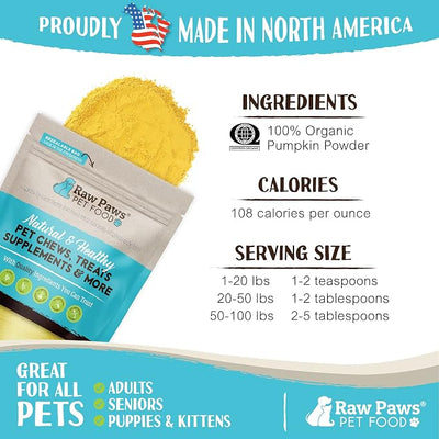 Raw Paws Organic Pumpkin Powder for Dogs & Cats, 16-Ounce - Fiber Digestion | Supplement - Firm Stool - Anal Gland Support - Food Topper Sprinkles - Made in USA - Anti-Scoot - Vegan Gravy - Meal Booster