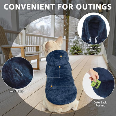 SCENEREAL Fleece Dog Sweaters Hoodie for Small Medium Large Dogs Girls Boys, Plush Fuzzy Dog Clothes Hoodies with Leash Hole, Winter/Fall Puppy Cold Weather Coat, Sherpa Hooded Sweatshirt, Navy M