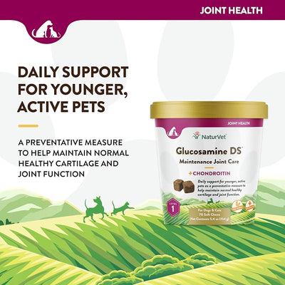 NaturVet Glucosamine DS Level 1 Maintenance, Joint Care Support Supplement for Dogs and Cats, Soft Chews, Made in The USA