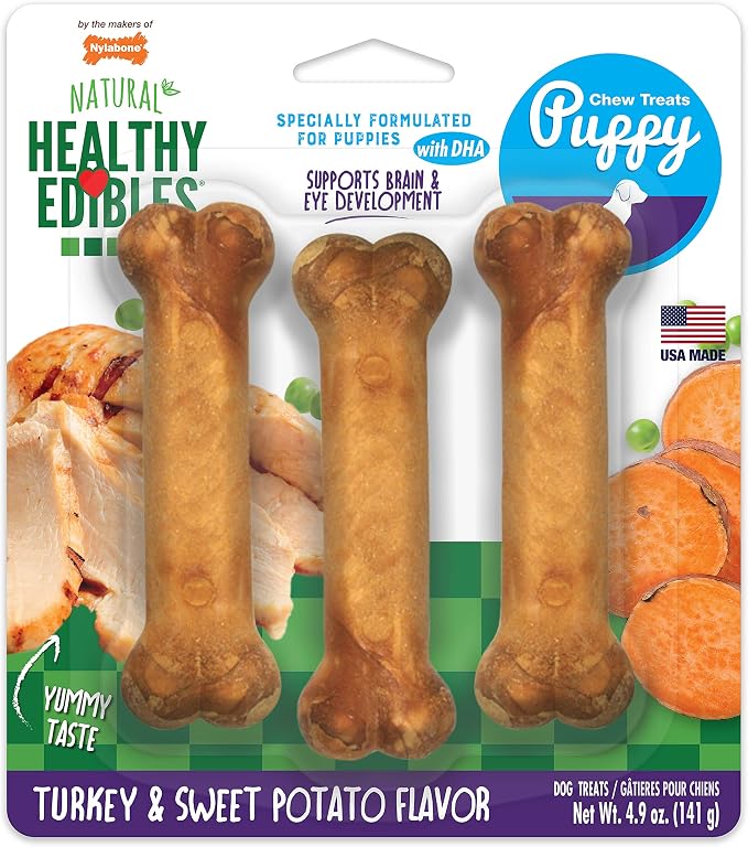 Healthy Edibles Natural Puppy Chews Long Lasting Treats for Puppies, Turkey & Sweet Potato Flavor, Small/Regular (3 Count)