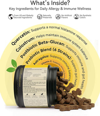 Dog Allergy Relief Chews with Quercetin,Colostrum,Bromelain& Probiotics, 120ct | Daily Allergy & Immune Support for Dogs, Supports Normal Histamine Response, Skin & Coat Comfort, Gut Health