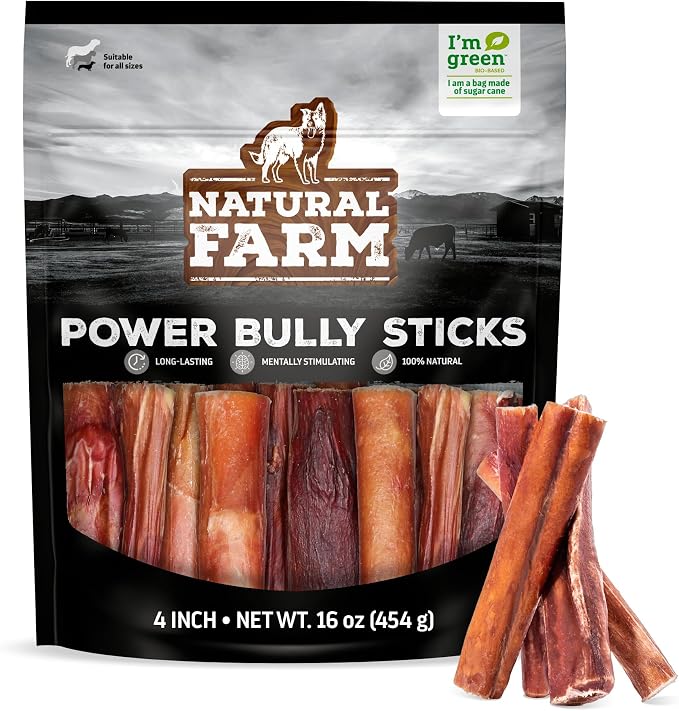 Natural Farm Power Bully Sticks Dog Chews (4”,16 Ounces), 2-in-1 Power Chews: Premium Beef Cheek Wrapped in Beef Pizzle, Double Chewing Time, Promotes Dental Health, Great for Small to Medium Dogs