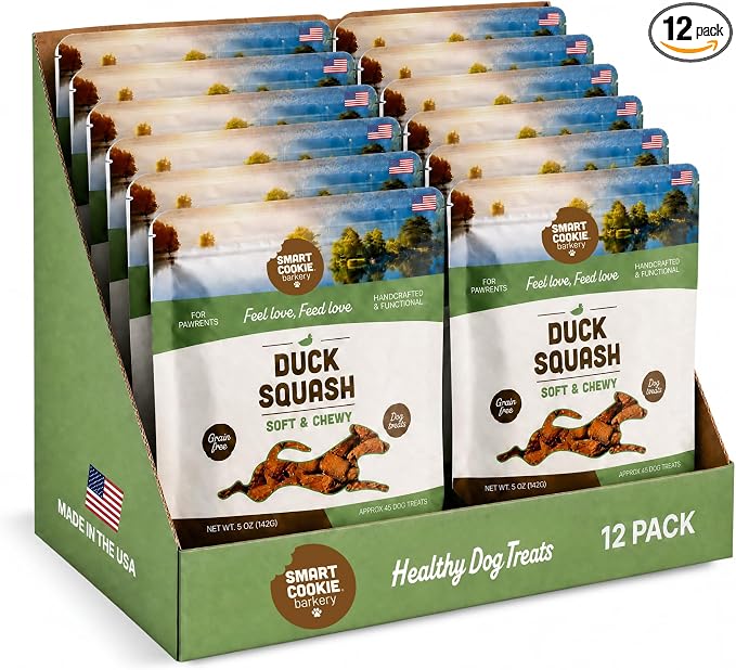 Smart Cookie All Natural Soft Dog Treats - Duck & Squash - Training Treats for Dogs with Allergies or Sensitive Stomachs - Grain Free Dog Treats, Chewy, Human-Grade, Made in USA - 5oz Bag, 12 Pack
