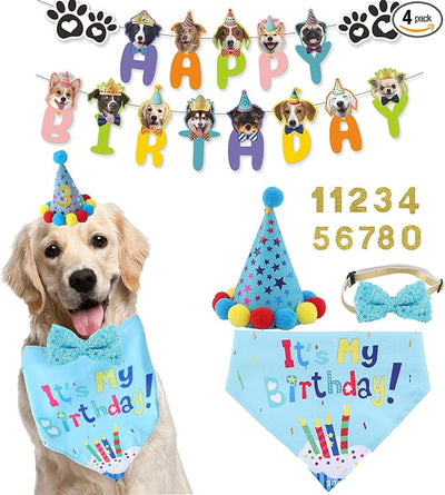 Dog Birthday Decorations,Puppy Birthday Party Outfits, Birthday Hat,Bow Tie,Bandana,Happy Birthday Banner,Pet Theme Suit Apparel & Accessories for Boy Golden Doodle Teddy Husky Labrador(4PCS Blue)