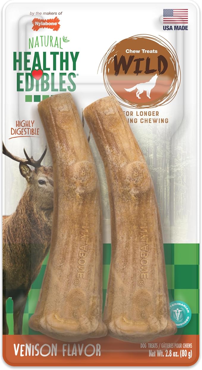 Healthy Edibles WILD Natural Dog Chew Treats for Large Dogs, Long Lasting Dog Healthy Chew Antler Bone Made in USA, Venison Flavor, For Dogs Up to 50 lbs. (2 Count)