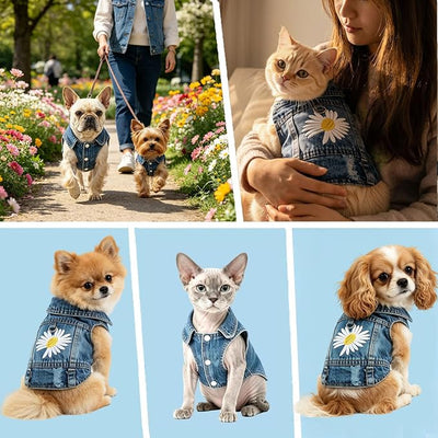 Denim Vest Jacket for Small Medium Dog Clothes Jean Apparel Cute Outfit for Dog Cat Girls Boys Puppy Costume Dog Harness Dress Shirt Chihuahua Yorkie(One Daisy with D Ring, Small)