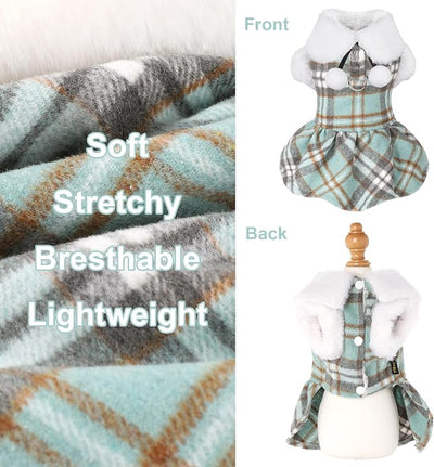 Dog Sweater with Leash Set Plaid Fleece Dog Clothes for Small Dogs Girl Boy Winter Pet Dress Cold Weather Coat Fall Sweater for Chihuahua Yorkie Cat Puppy Costumes (Turquoise, X-Small)