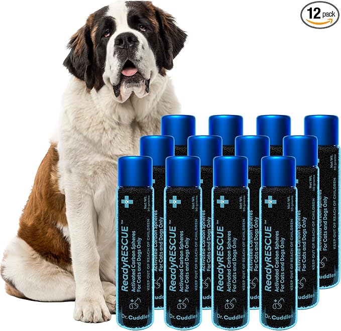 Activated Charcoal microspheres for Dogs and Cats - Veterinary-Grade Pet First Aid Kit Essential - Fast Acting Emergency Poison Binder - Safe and Travel Ready - 30g Pack of 12