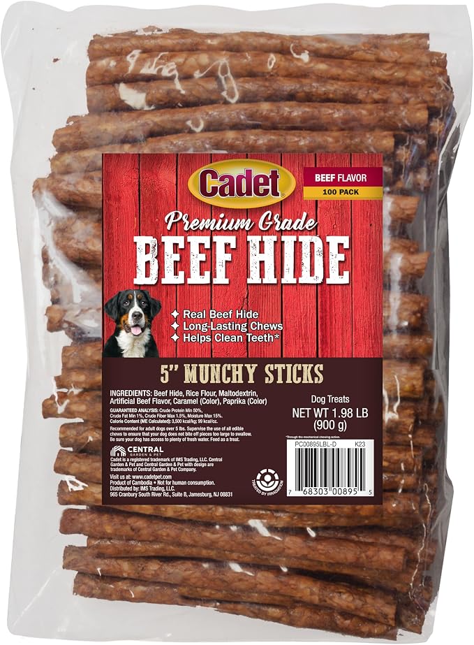 Premium Grade Beef Hide for Dogs, Long-Lasting Munchy Chew Sticks, Single-Ingredient Rawhide Dog Chews, 5-Inch, 100 Count