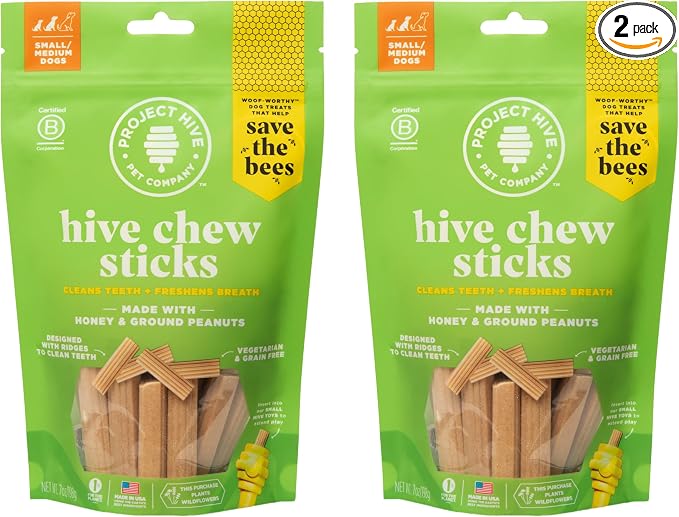 Hive Chew Sticks - Dental Treats for Dogs - Vegetarian, Made with Ground Peanuts & Honey, No Grain or Soy, Cleans Teeth & Freshens Breath (2-Pack 7 oz, Hive Chew Sticks for Small Dogs)